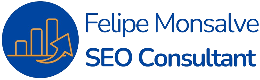 Logo of Felipe Monsalve, SEO Consultant, featuring a blue circle with an orange upward arrow and bar graph, and the text "Felipe Monsalve SEO Consultant" in blue.