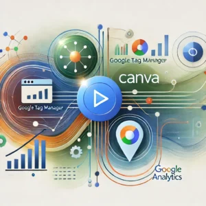 Abstract representation of integrating Google Tag Manager with a Canva website, featuring fluid shapes and lines symbolizing data flow between Canva, Google Tag Manager, and Google Analytics.