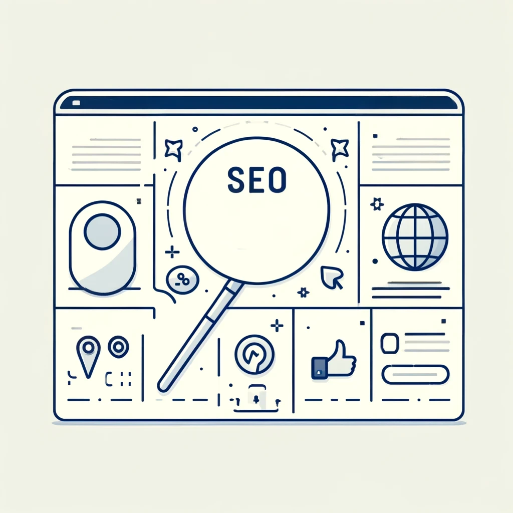 Minimalistic illustration of a professional SEO service page layout showcasing essential elements such as icons for search optimization, internal links, local SEO, and user experience.