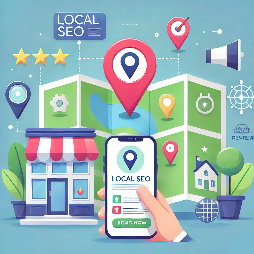 Illustration of local SEO landing page examples featuring a map with a pin drop, icons for reviews, search engines, and mobile navigation.