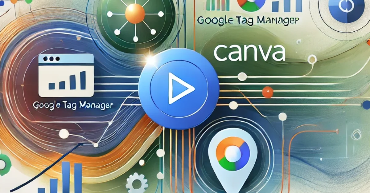 Abstract representation of integrating Google Tag Manager with a Canva website, featuring fluid shapes and lines symbolizing data flow between Canva, Google Tag Manager, and Google Analytics.