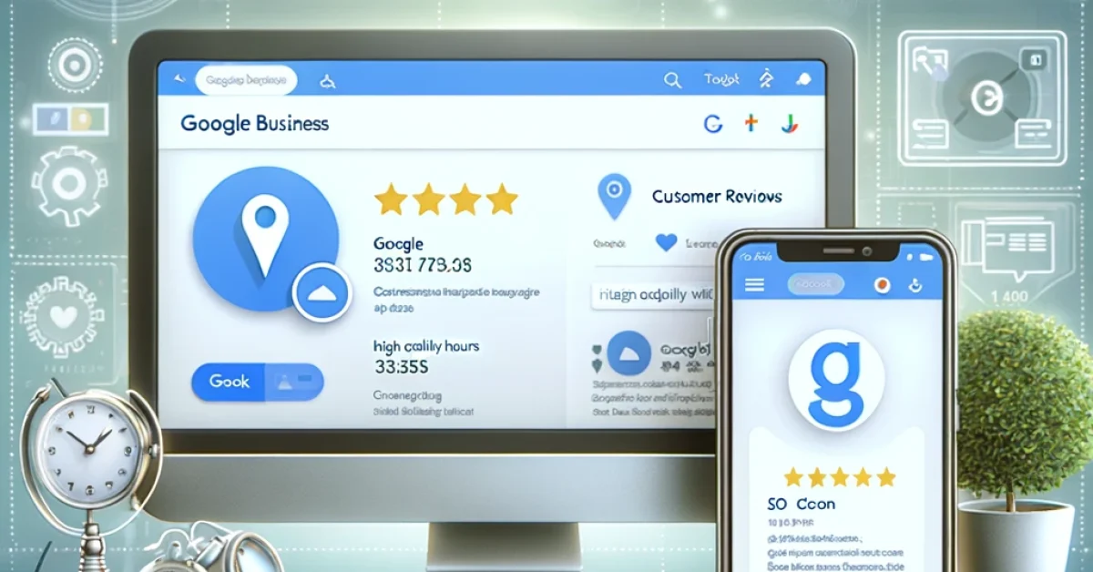 A computer and smartphone displaying a Google Business Profile interface with customer reviews, business hours, and a map location, surrounded by digital marketing icons.