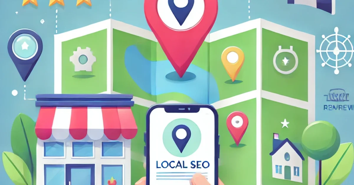 Illustration of local SEO landing page examples featuring a map with a pin drop, icons for reviews, search engines, and mobile navigation.